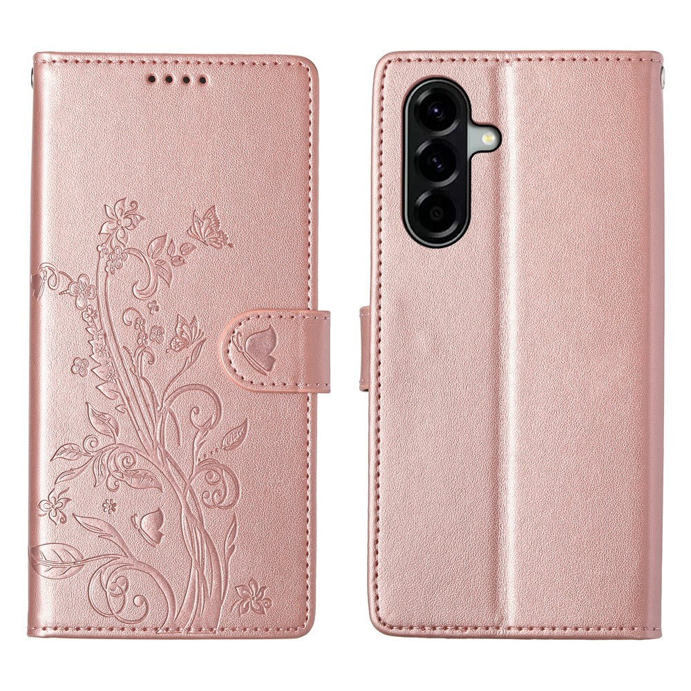 For Samsung Galaxy A37 5G Wallet Case Butterfly Floral Imprint PU Leather Phone Cover with Wrist Strap