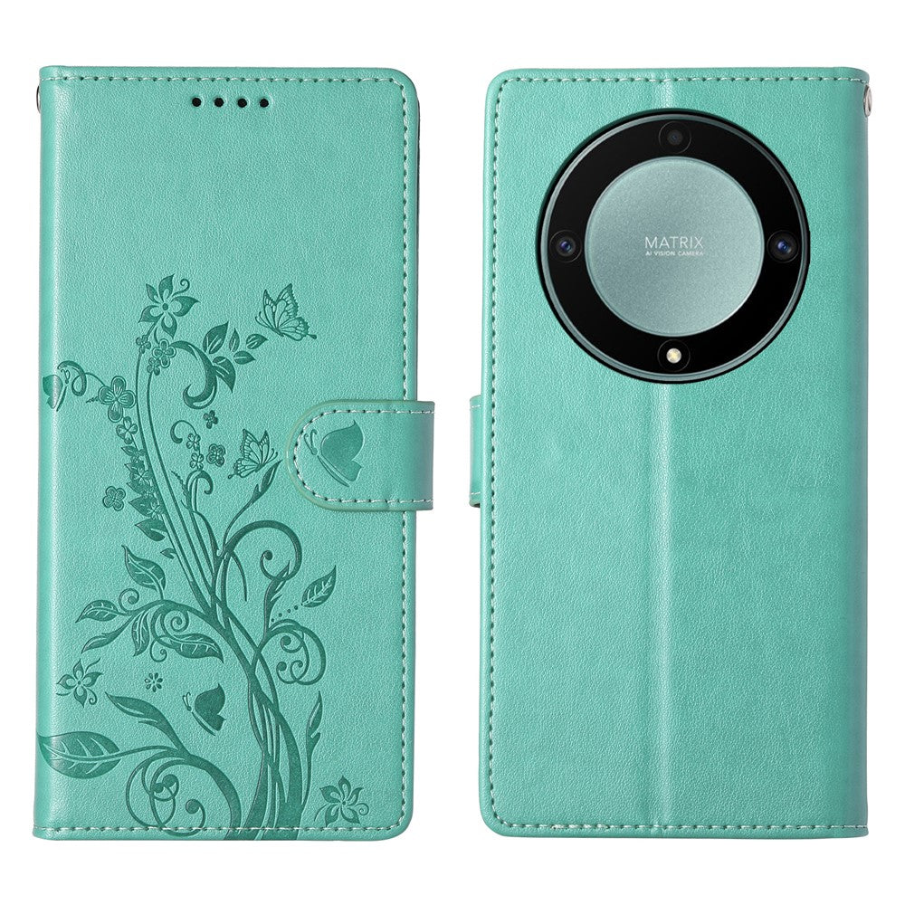 Wallet Case for Honor Magic8 Lite 5G / X70 5G / X9d 5G Butterfly Floral Imprint PU Leather Phone Cover with Wrist Strap