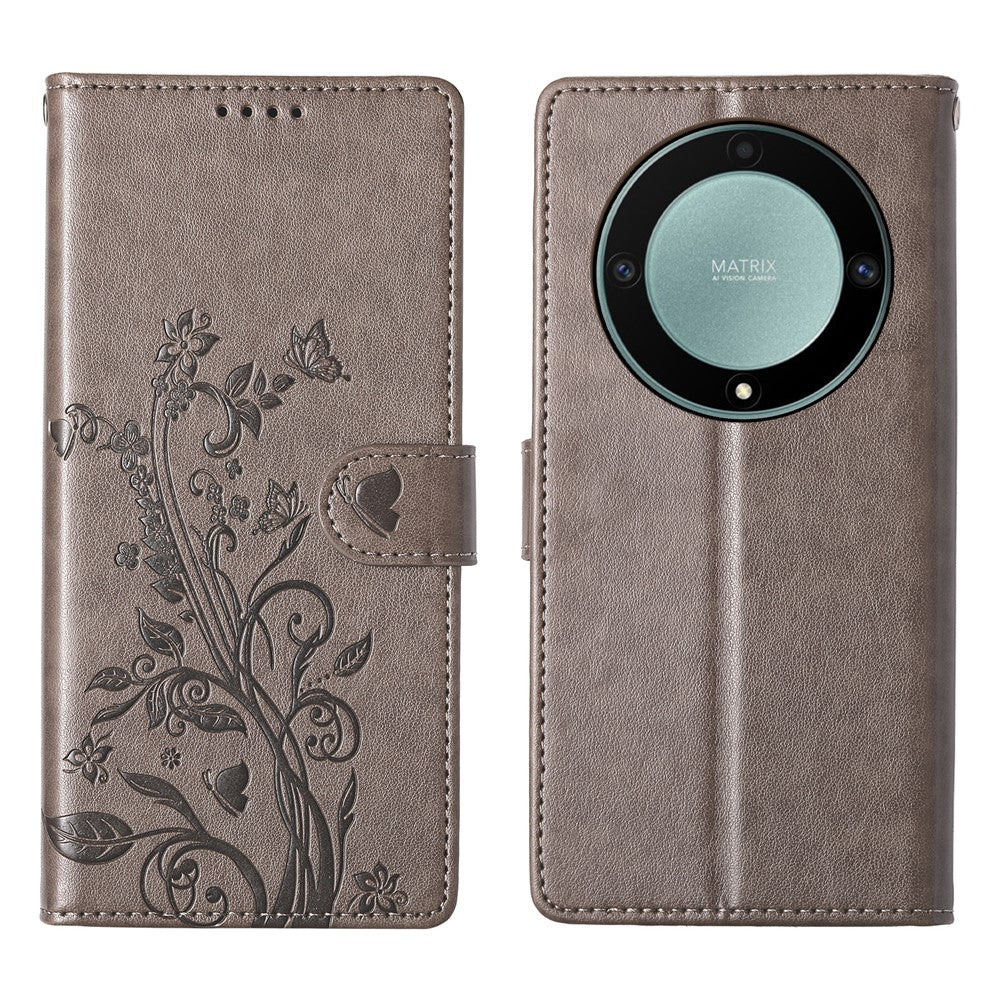 Wallet Case for Honor Magic8 Lite 5G / X70 5G / X9d 5G Butterfly Floral Imprint PU Leather Phone Cover with Wrist Strap