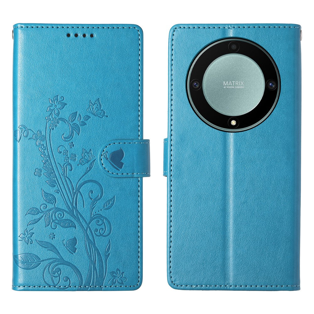 Wallet Case for Honor Magic8 Lite 5G / X70 5G / X9d 5G Butterfly Floral Imprint PU Leather Phone Cover with Wrist Strap