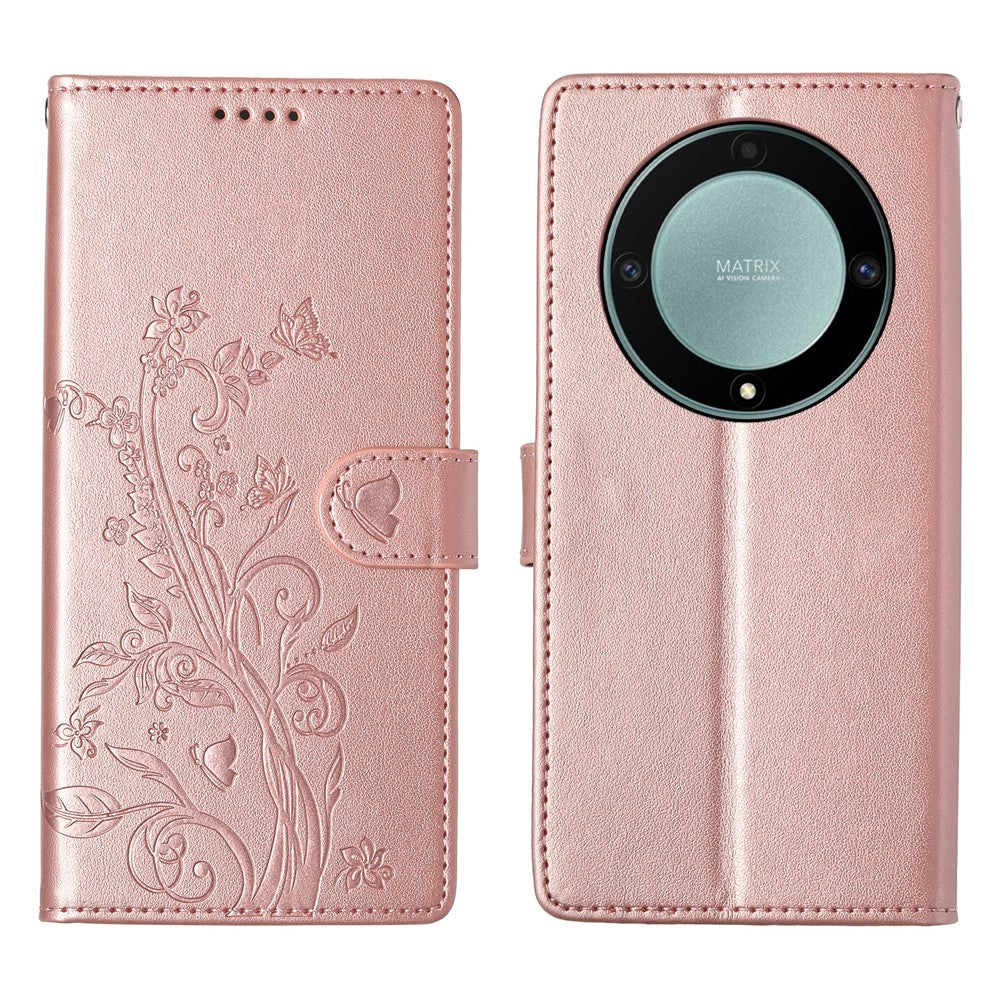 Wallet Case for Honor Magic8 Lite 5G / X70 5G / X9d 5G Butterfly Floral Imprint PU Leather Phone Cover with Wrist Strap