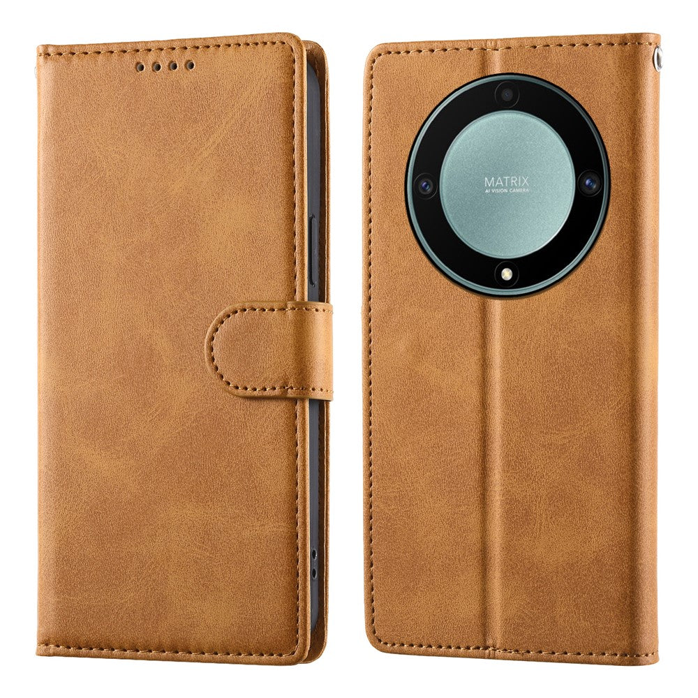 Flip Phone Case For Honor Magic8 Lite 5G  /  X70 5G  /  X9d 5G Stand Wallet Calf Texture PU Leather Cover with Wrist Strap