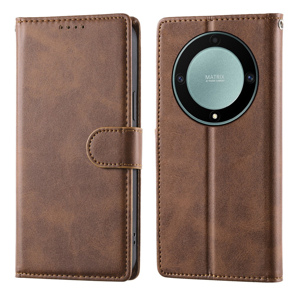 Flip Phone Case For Honor Magic8 Lite 5G  /  X70 5G  /  X9d 5G Stand Wallet Calf Texture PU Leather Cover with Wrist Strap