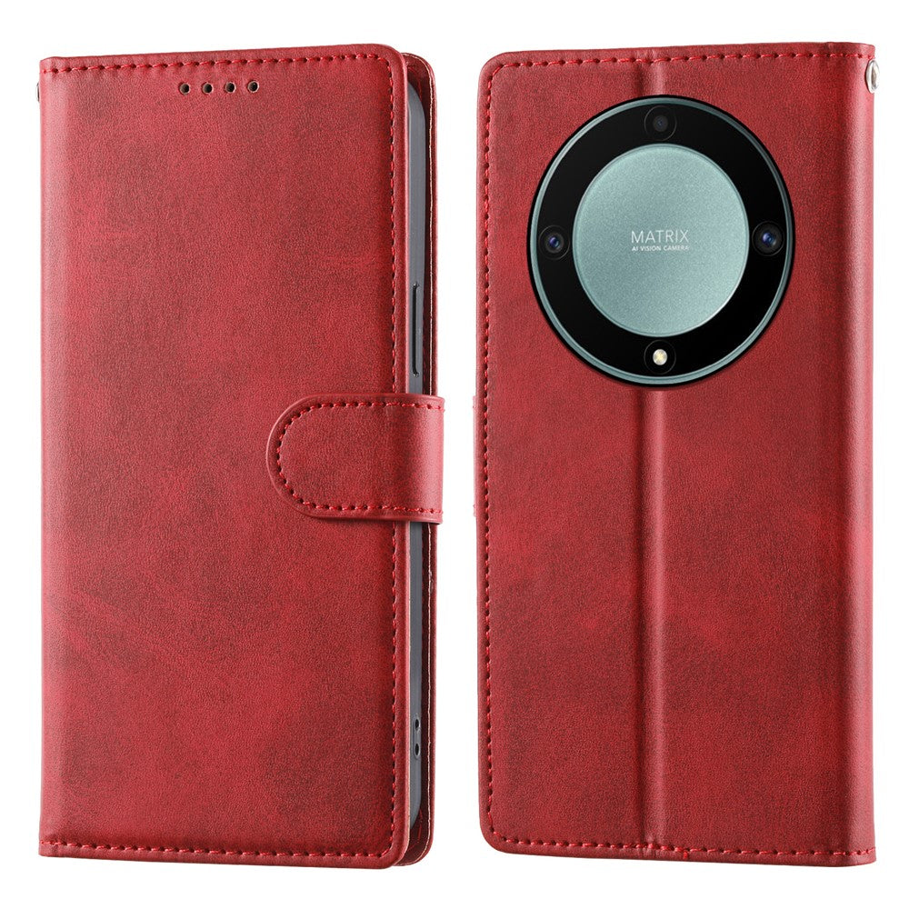 Flip Phone Case For Honor Magic8 Lite 5G  /  X70 5G  /  X9d 5G Stand Wallet Calf Texture PU Leather Cover with Wrist Strap