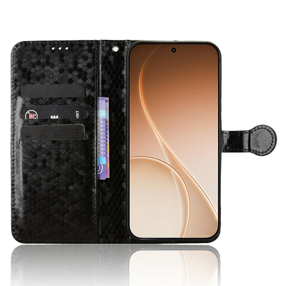 For Oppo Reno15 Pro Max 5G (Global) / Reno15 Pro 5G (China) Wallet Case Dot Pattern Imprint PU Leather Phone Cover with Wrist Strap