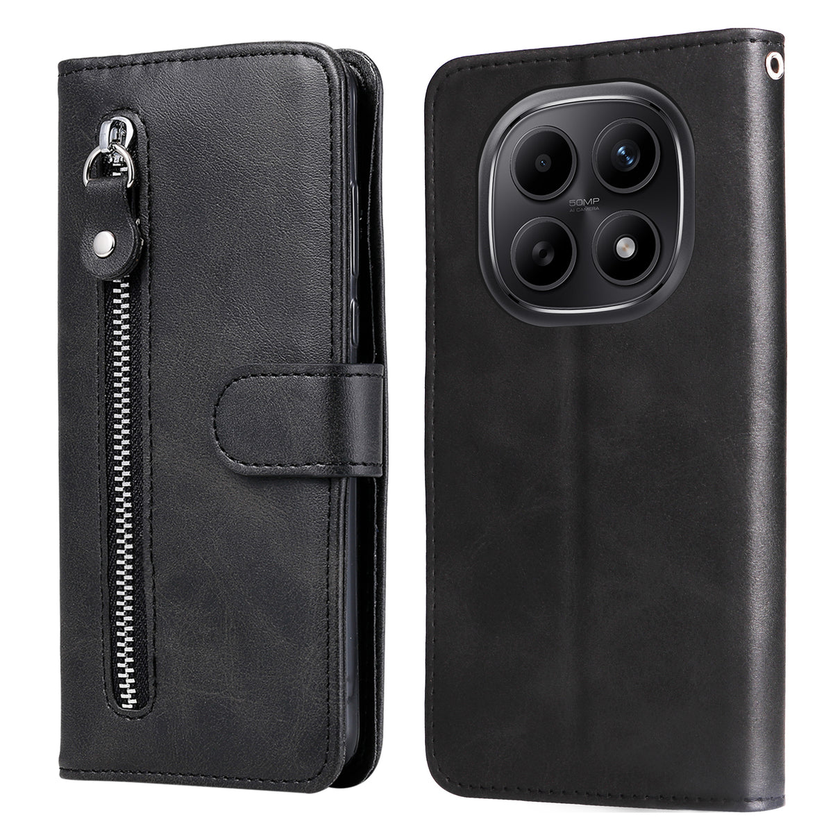 Xiaomi Poco M8 5G / Redmi Note 15 5G (Global) / 15 4G (Global) PU-läderfodral med dragkedja och plånboksfodral, stativ