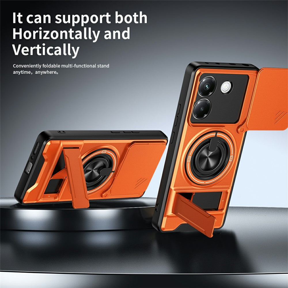 For Xiaomi Poco M7 Pro 5G Magnetic Case Ring Holder Foldable Kickstand TPU PC Phone Cover with Camera Lens Slider