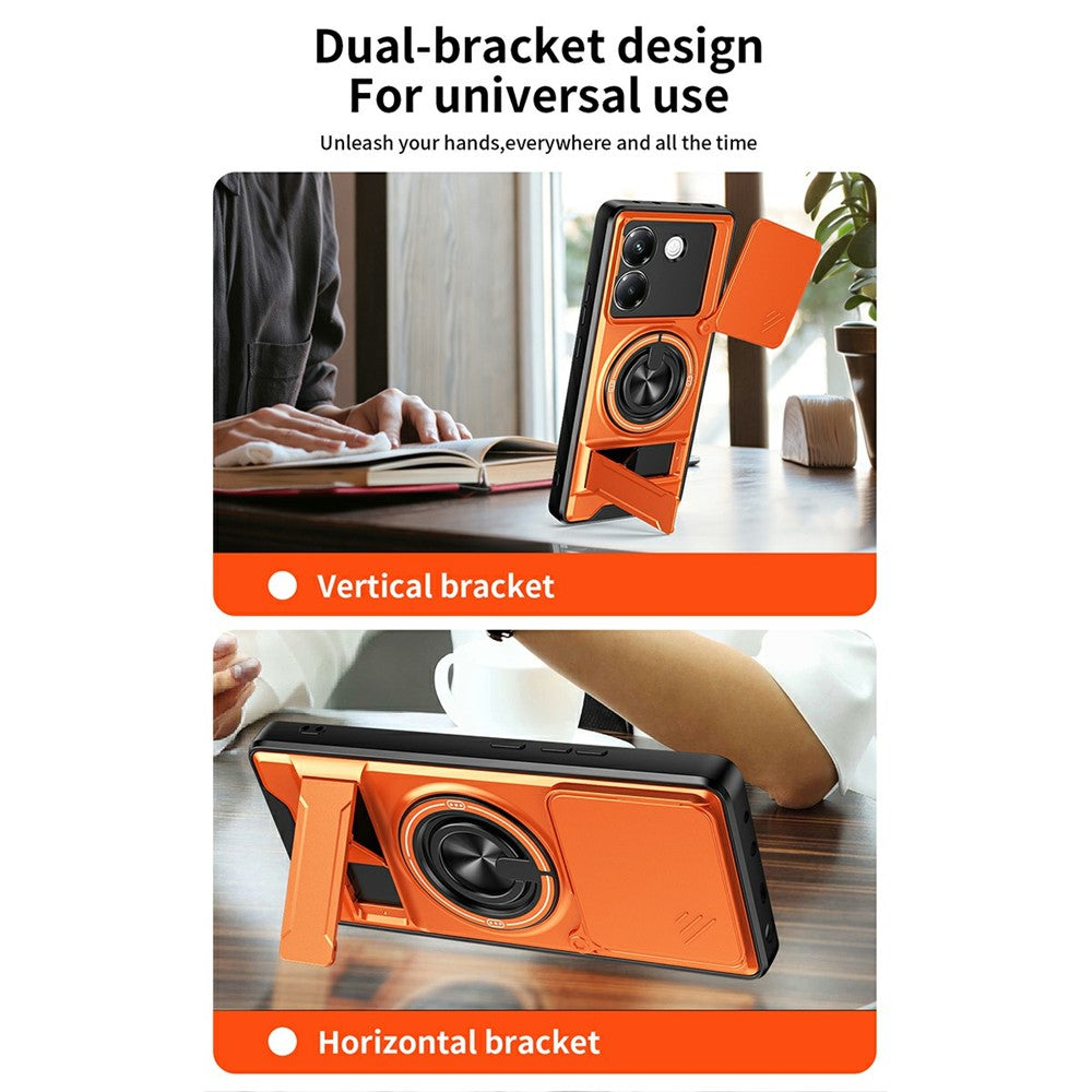 For Xiaomi Poco M7 Pro 5G Magnetic Case Ring Holder Foldable Kickstand TPU PC Phone Cover with Camera Lens Slider