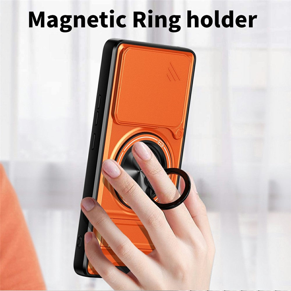 For Xiaomi Poco M7 Pro 5G Magnetic Case Ring Holder Foldable Kickstand TPU PC Phone Cover with Camera Lens Slider