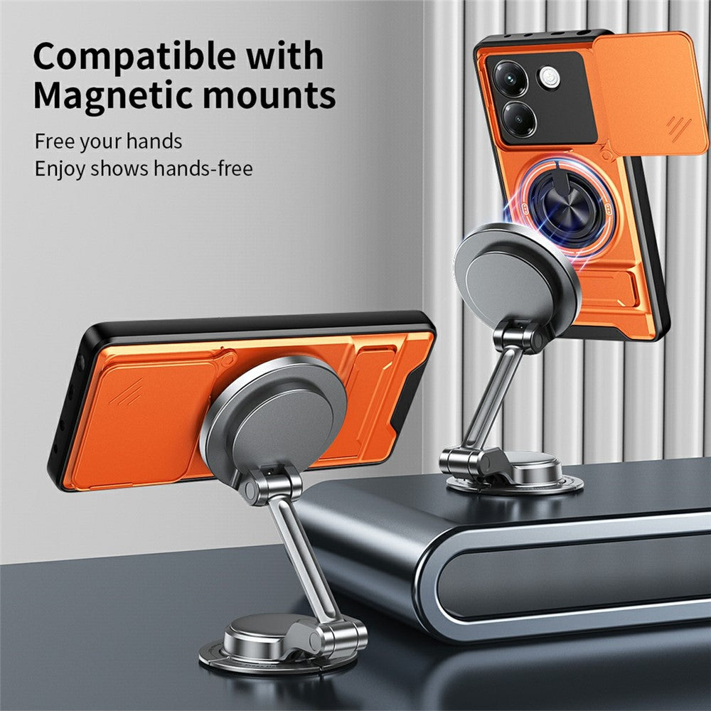 For Xiaomi Poco M7 Pro 5G Magnetic Case Ring Holder Foldable Kickstand TPU PC Phone Cover with Camera Lens Slider