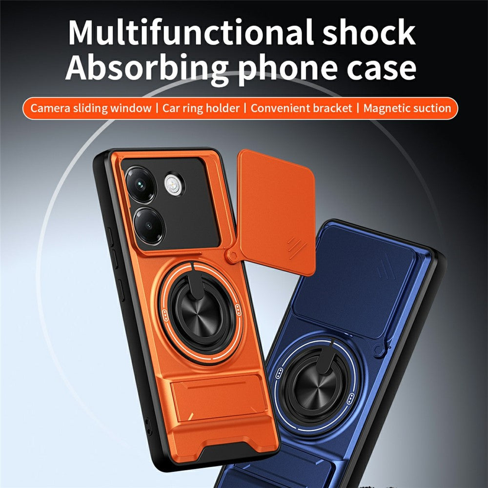 For Xiaomi Poco M7 Pro 5G Magnetic Case Ring Holder Foldable Kickstand TPU PC Phone Cover with Camera Lens Slider