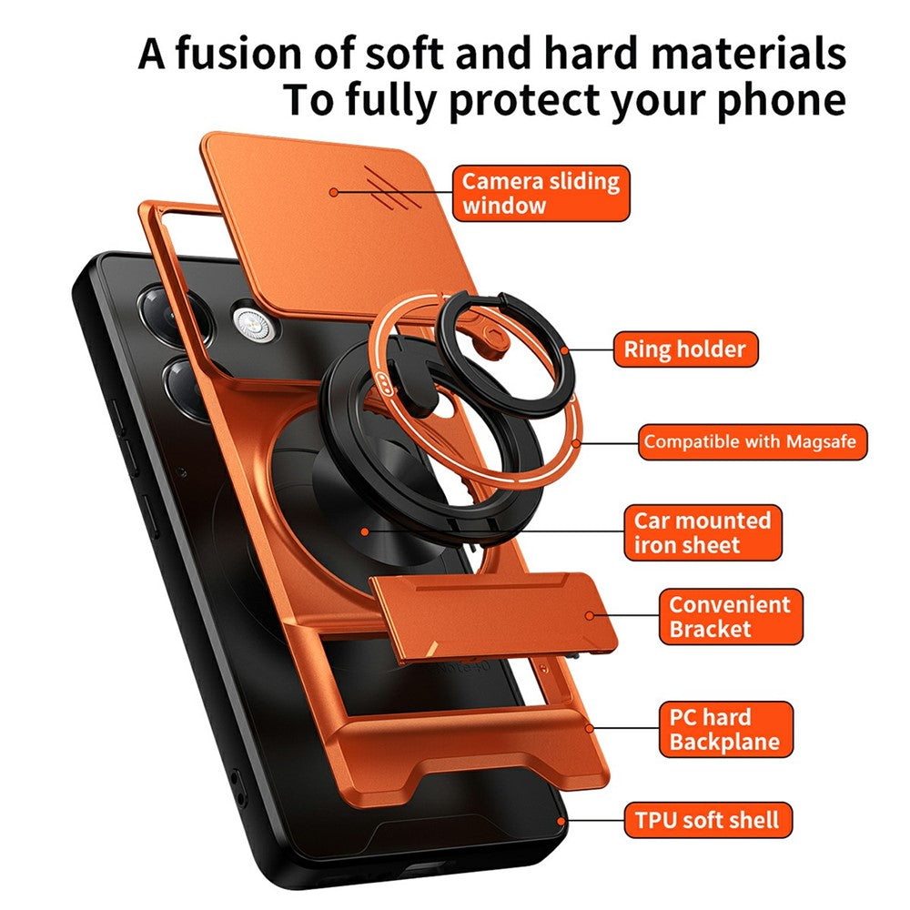 For Xiaomi Poco M7 Pro 5G Magnetic Case Ring Holder Foldable Kickstand TPU PC Phone Cover with Camera Lens Slider