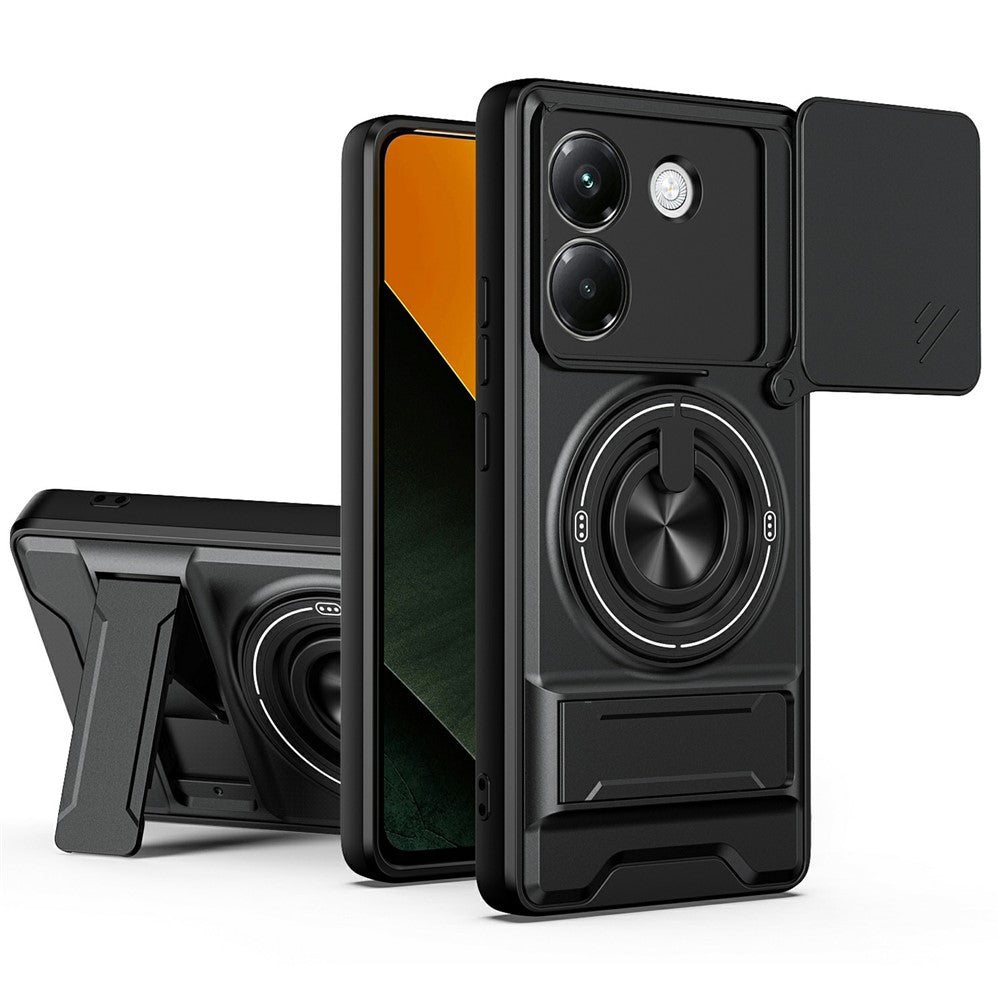For Xiaomi Poco M7 Pro 5G Magnetic Case Ring Holder Foldable Kickstand TPU PC Phone Cover with Camera Lens Slider