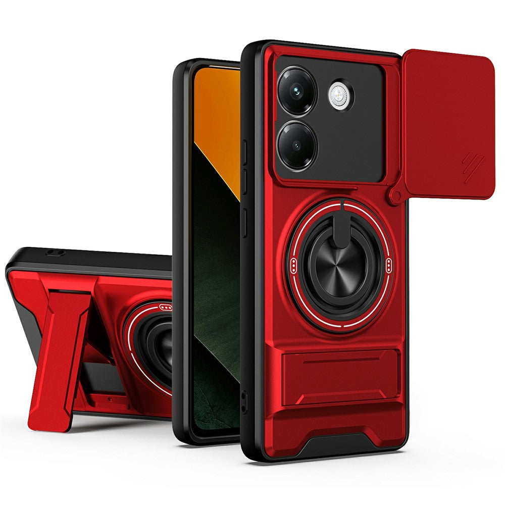 For Xiaomi Poco M7 Pro 5G Magnetic Case Ring Holder Foldable Kickstand TPU PC Phone Cover with Camera Lens Slider