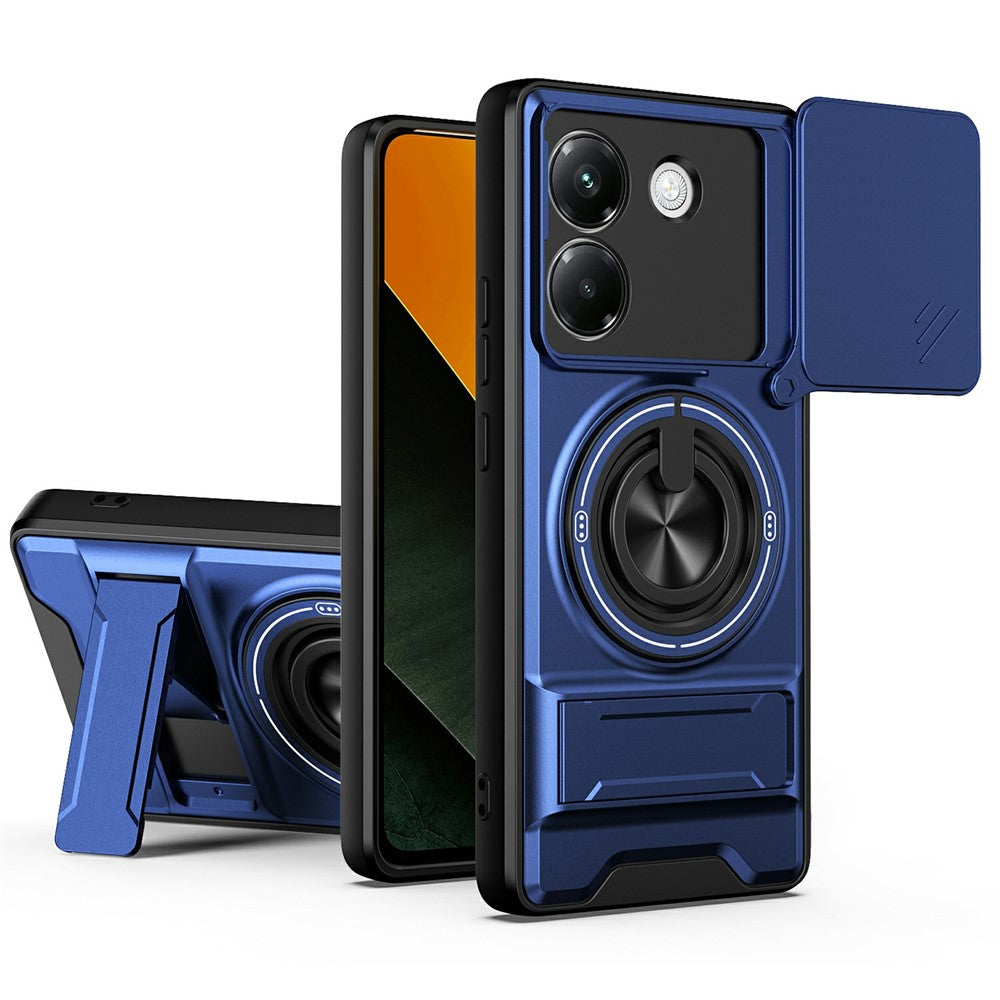 For Xiaomi Poco M7 Pro 5G Magnetic Case Ring Holder Foldable Kickstand TPU PC Phone Cover with Camera Lens Slider