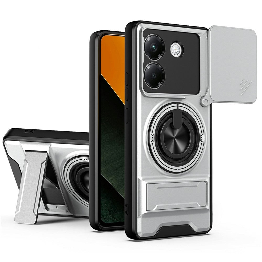 For Xiaomi Poco M7 Pro 5G Magnetic Case Ring Holder Foldable Kickstand TPU PC Phone Cover with Camera Lens Slider