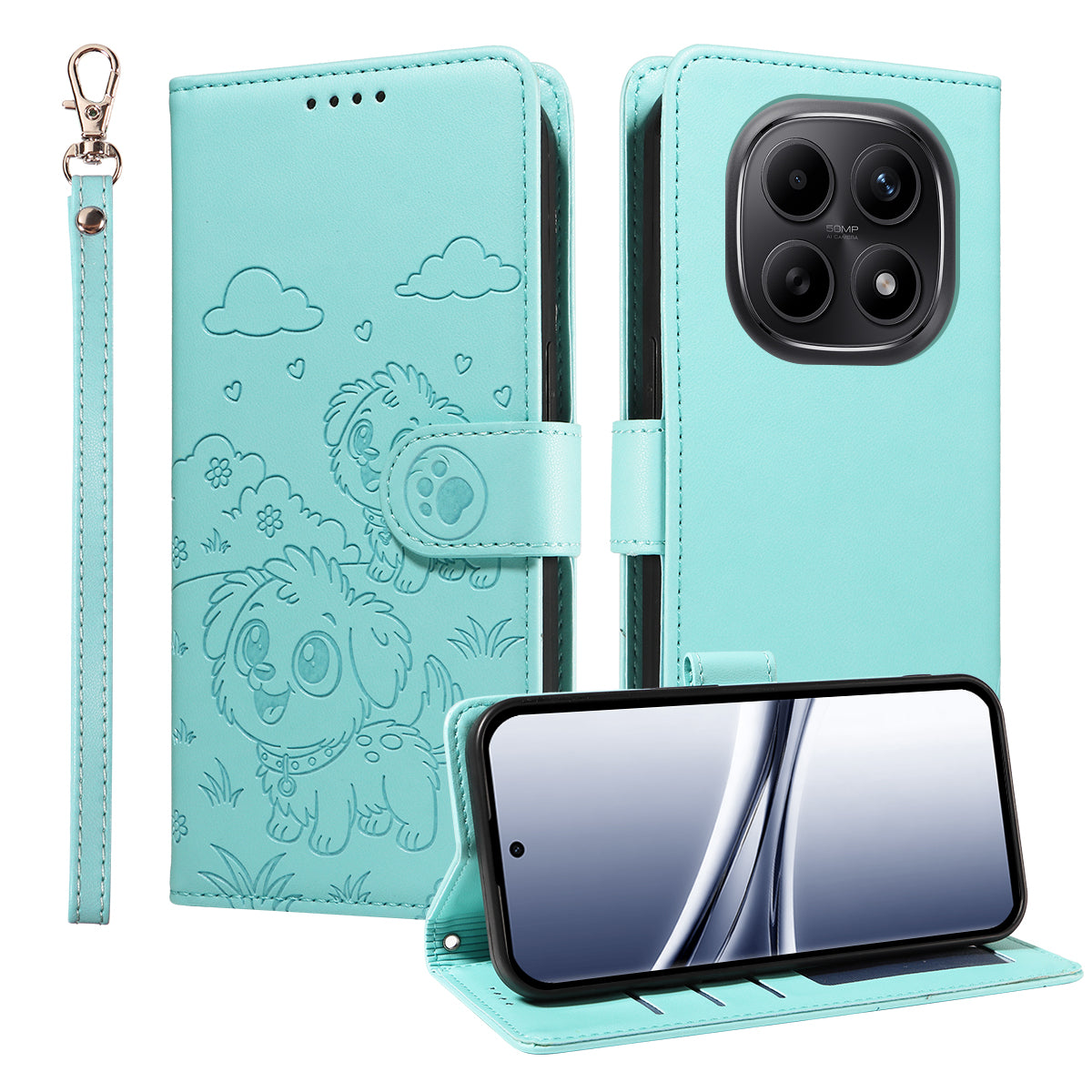 For Xiaomi Poco M8 5G / Redmi Note 15 5G (Global) Case RFID Blocking Imprinted Dog Pattern PU Leather Phone Cover with Wrist Strap