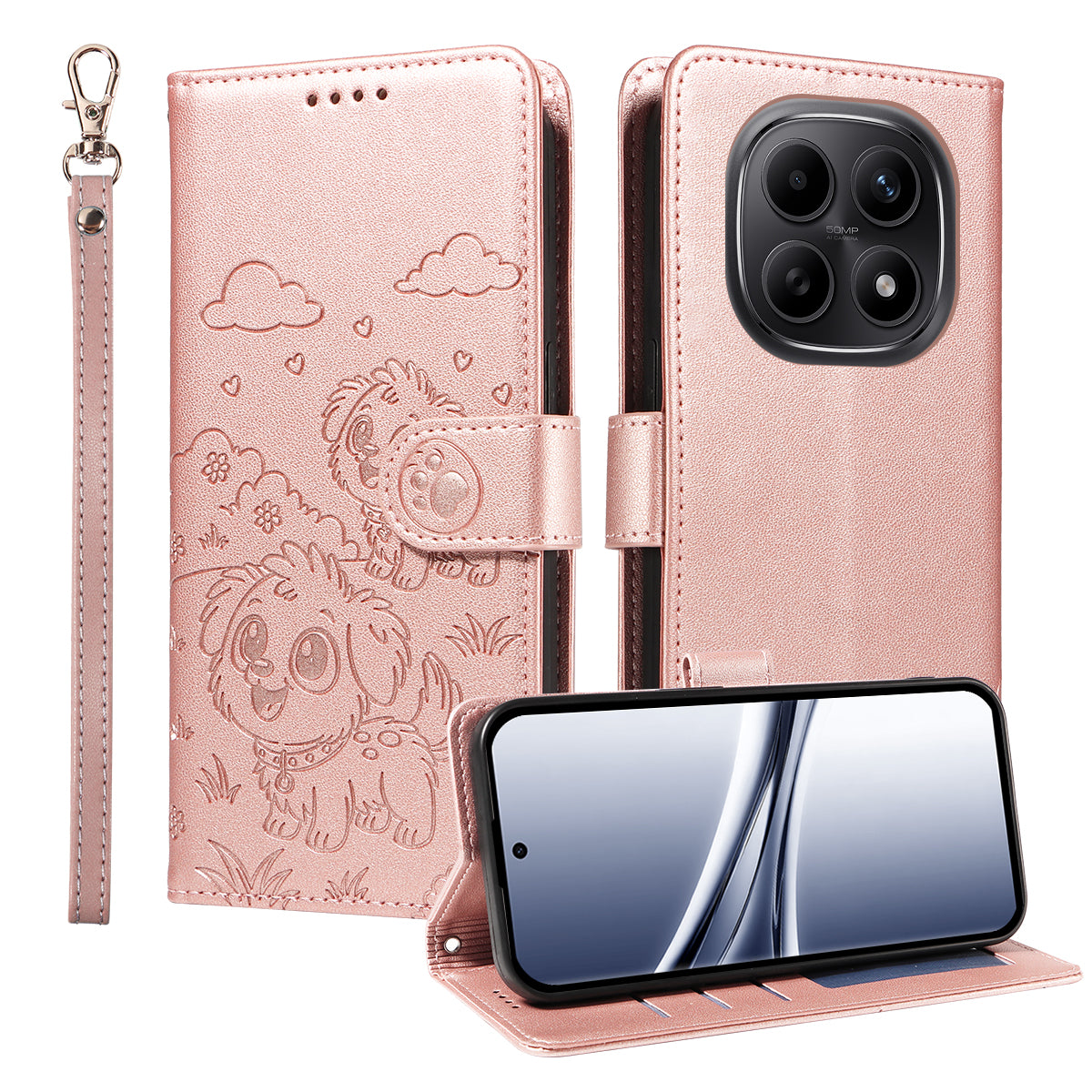 For Xiaomi Poco M8 5G / Redmi Note 15 5G (Global) Case RFID Blocking Imprinted Dog Pattern PU Leather Phone Cover with Wrist Strap