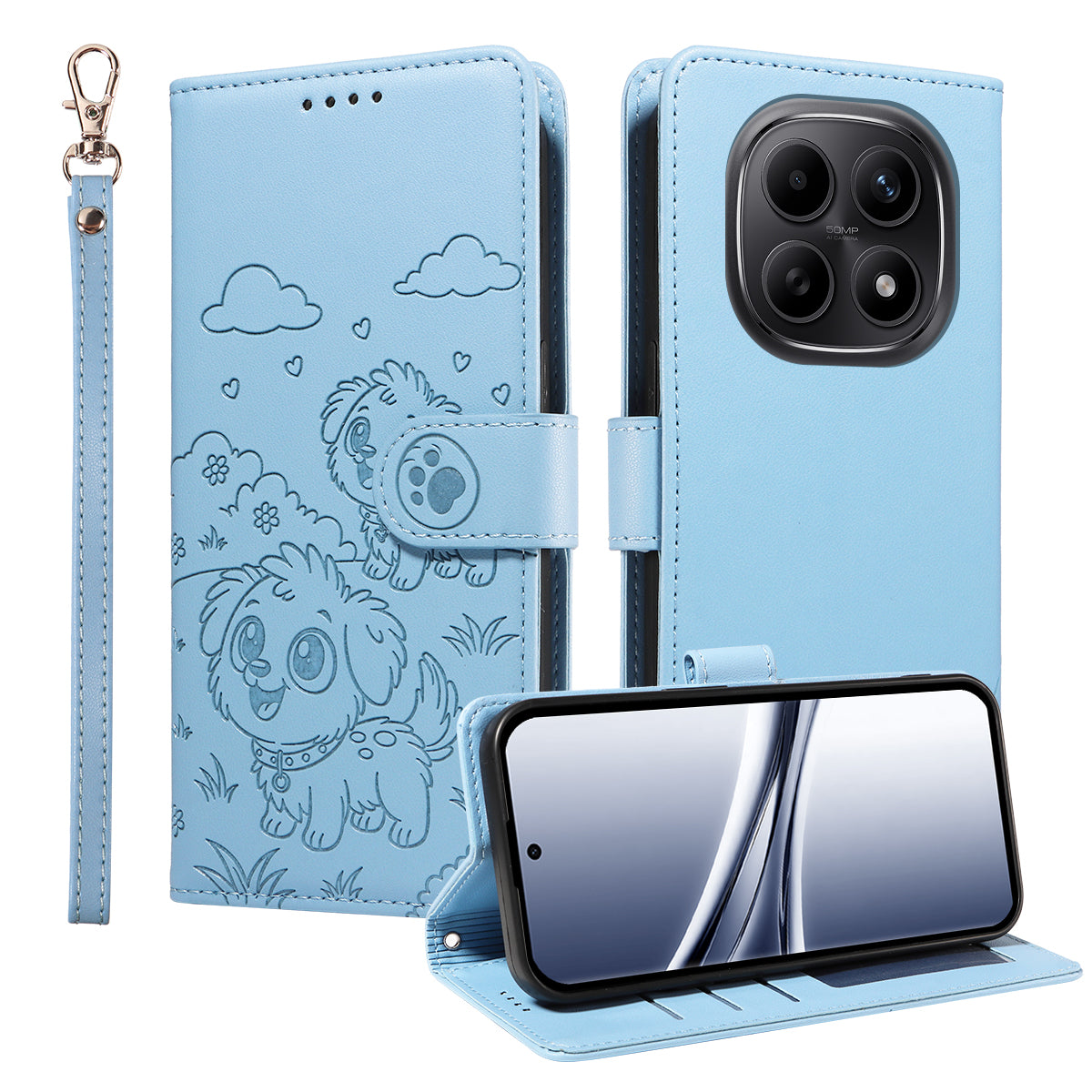 For Xiaomi Poco M8 5G / Redmi Note 15 5G (Global) Case RFID Blocking Imprinted Dog Pattern PU Leather Phone Cover with Wrist Strap