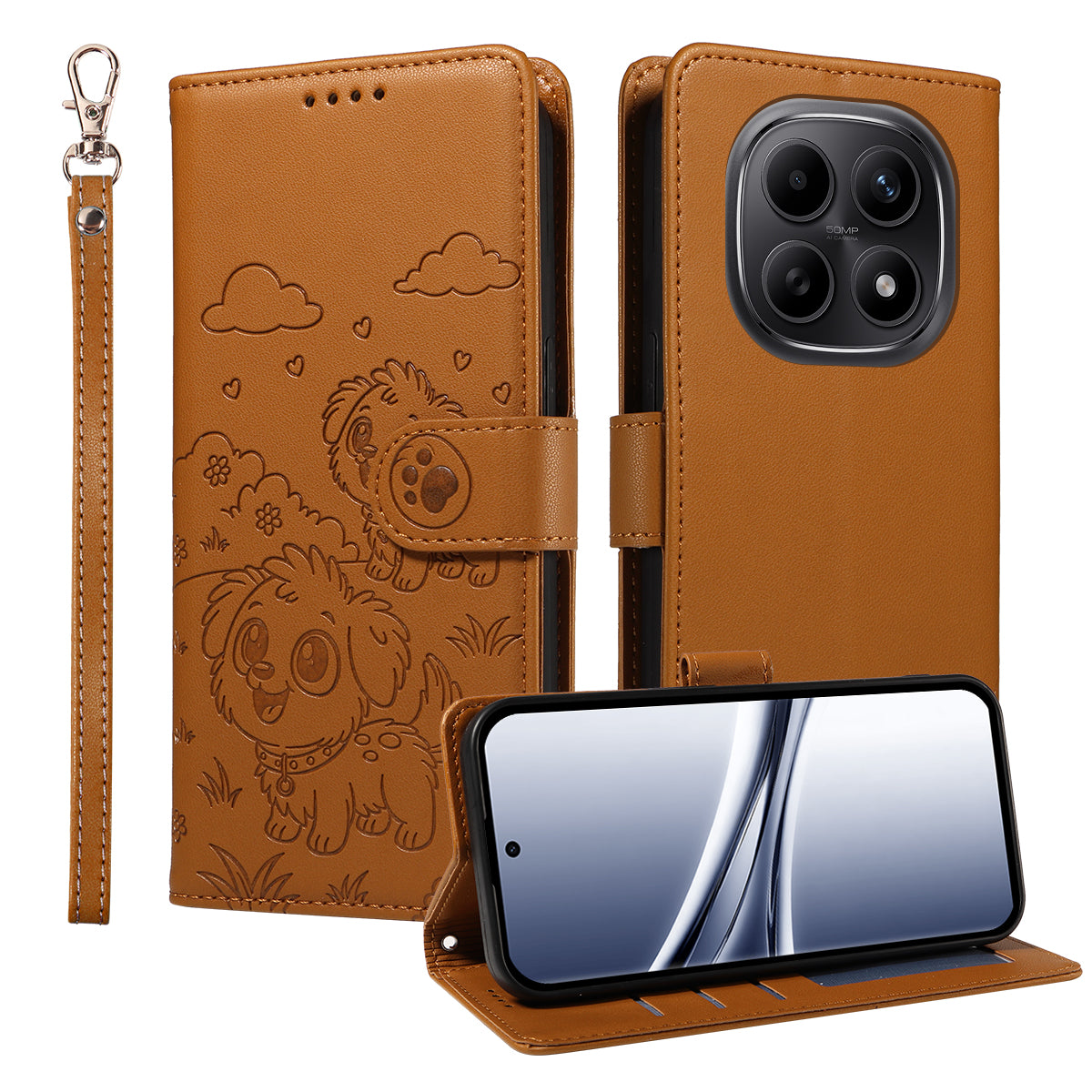 For Xiaomi Poco M8 5G / Redmi Note 15 5G (Global) Case RFID Blocking Imprinted Dog Pattern PU Leather Phone Cover with Wrist Strap