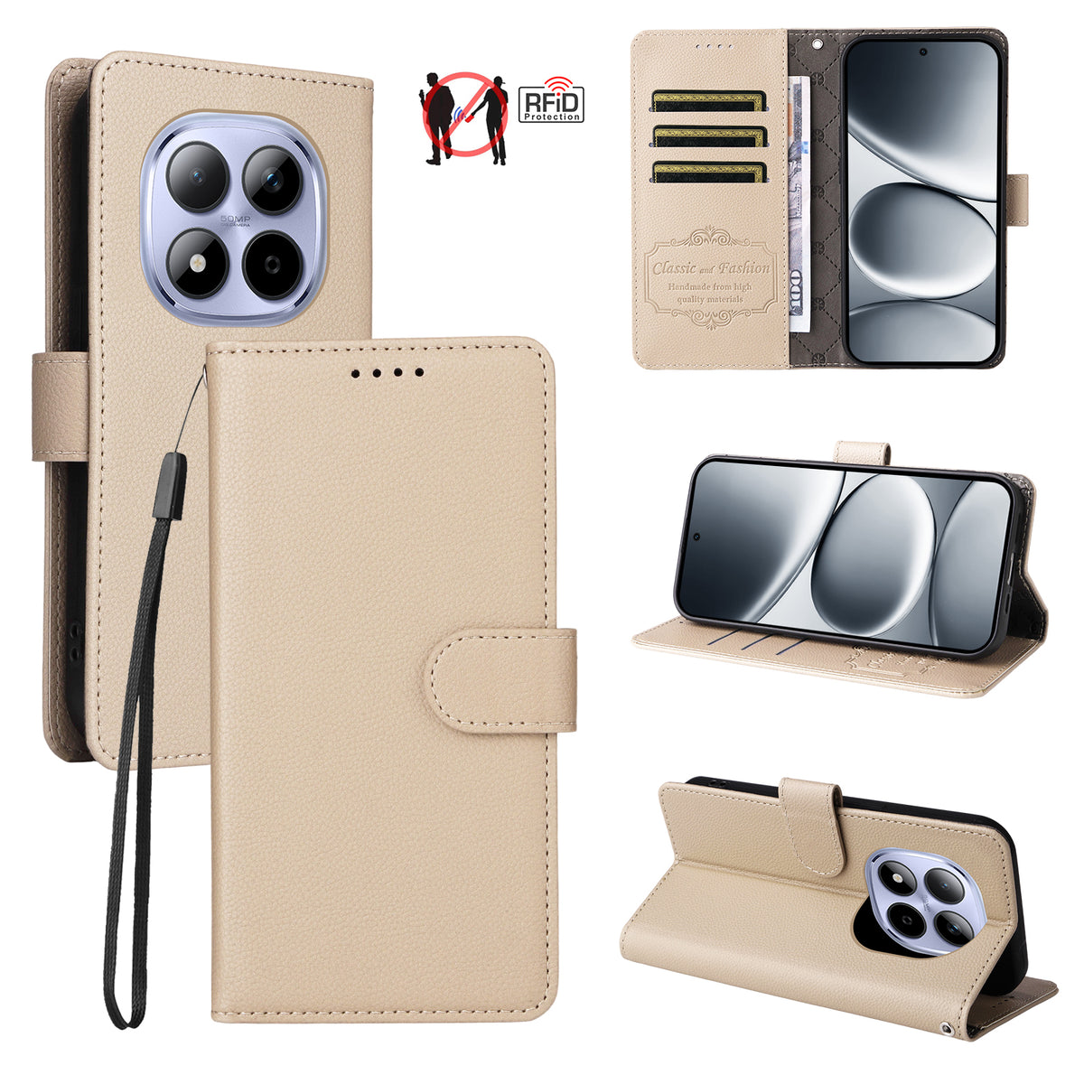 For Xiaomi Redmi Note 15 Pro 4G (Global) Case RFID Blocking 3 Card Slots PU Leather Phone Cover with Wrist Strap
