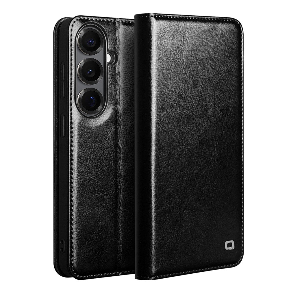 QIALINO-pungeetui til Samsung Galaxy S26 i ægte koskind, mobilcover med kortholder og stativ