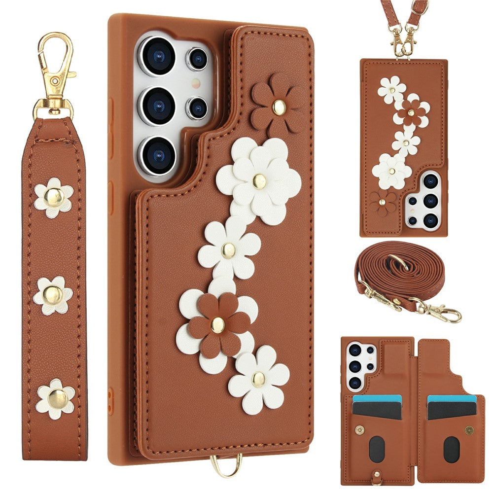 For Samsung Galaxy S26 Ultra Case Card Slots Leather Coated TPU Flower Phone Cover with 2 Straps