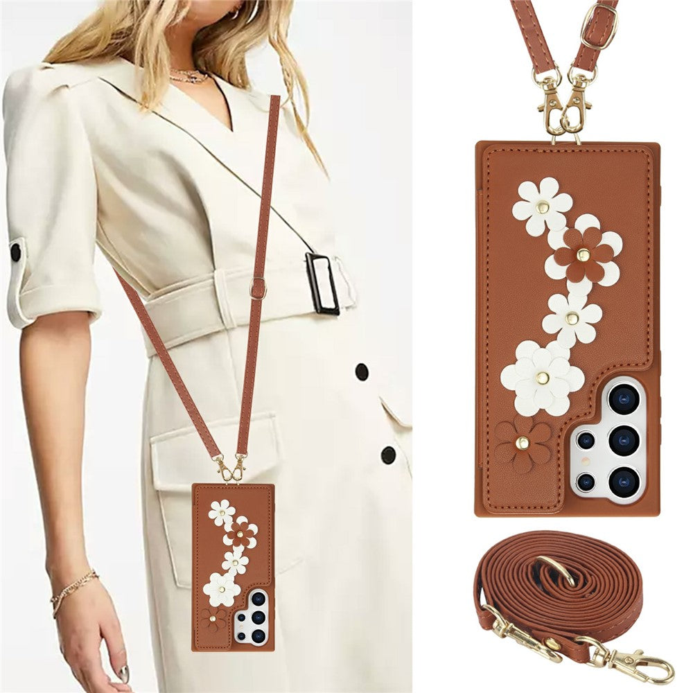 For Samsung Galaxy S26 Ultra Case Card Slots Leather Coated TPU Flower Phone Cover with 2 Straps