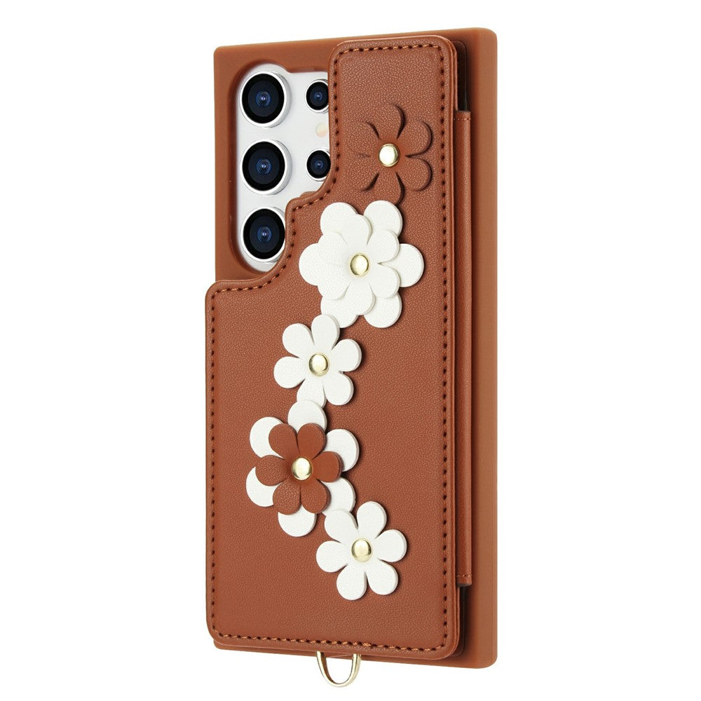 For Samsung Galaxy S26 Ultra Case Card Slots Leather Coated TPU Flower Phone Cover with 2 Straps
