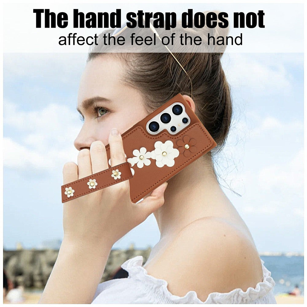 For Samsung Galaxy S26 Ultra Case Card Slots Leather Coated TPU Flower Phone Cover with 2 Straps