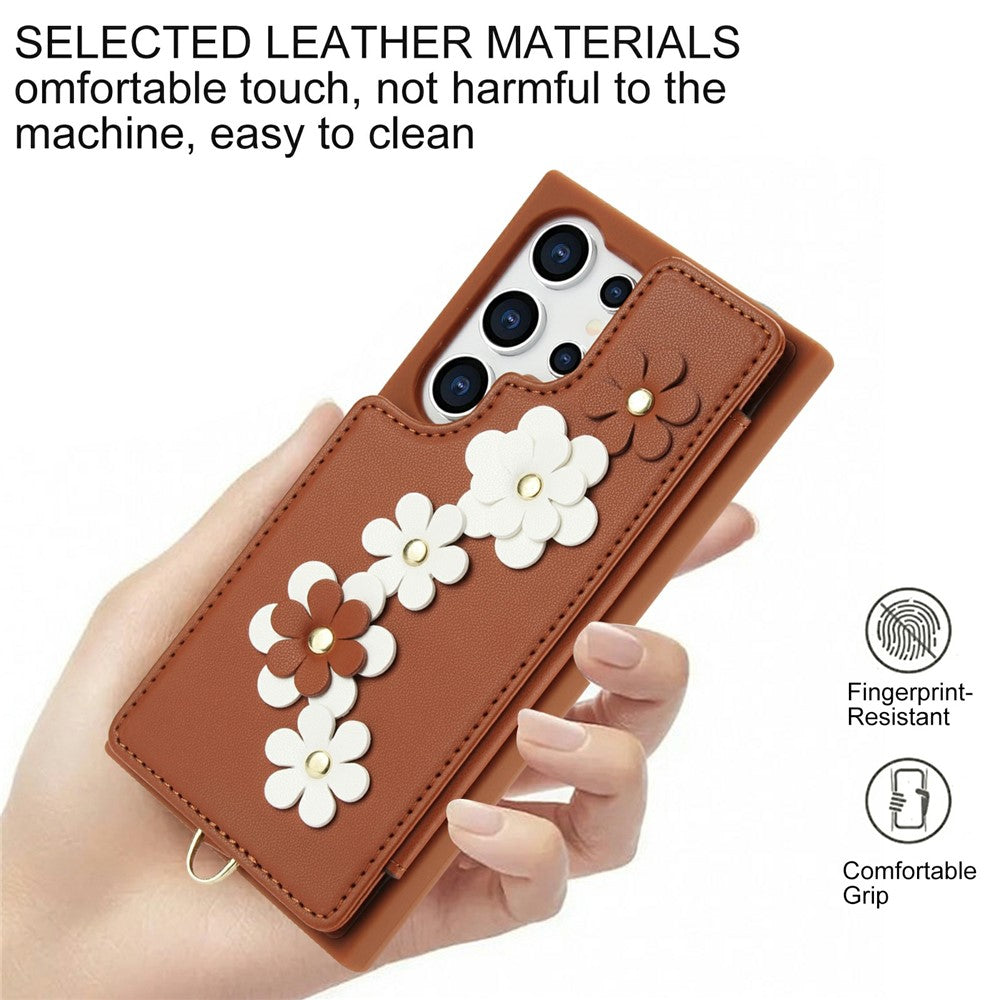 For Samsung Galaxy S26 Ultra Case Card Slots Leather Coated TPU Flower Phone Cover with 2 Straps