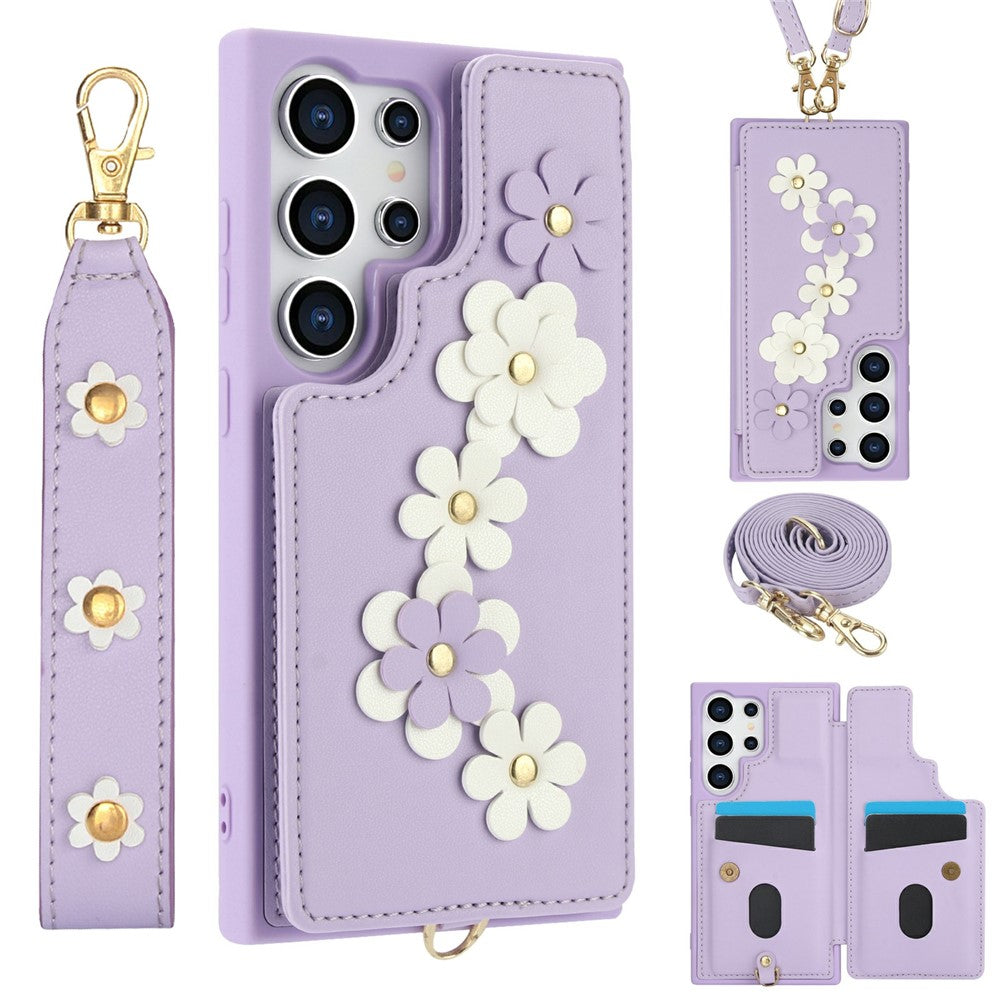 For Samsung Galaxy S26 Ultra Case Card Slots Leather Coated TPU Flower Phone Cover with 2 Straps