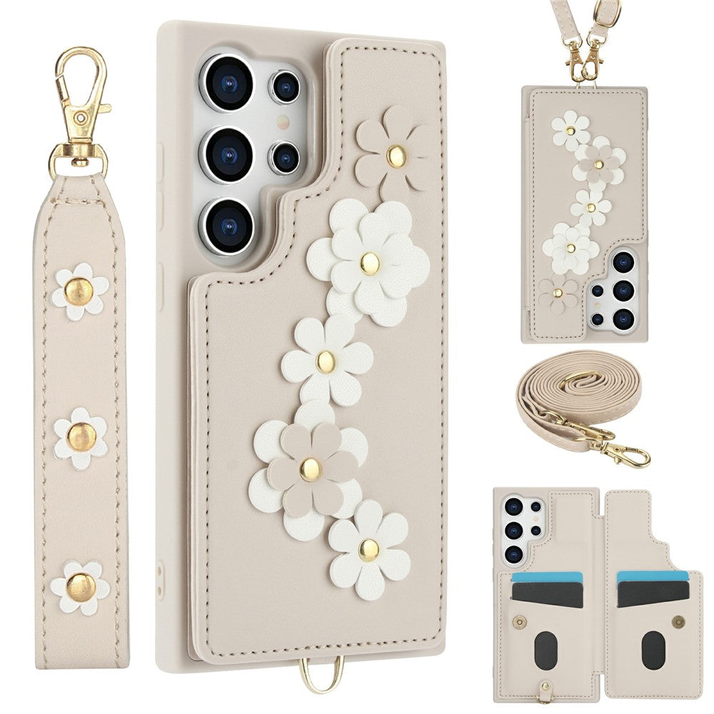 For Samsung Galaxy S26 Ultra Case Card Slots Leather Coated TPU Flower Phone Cover with 2 Straps