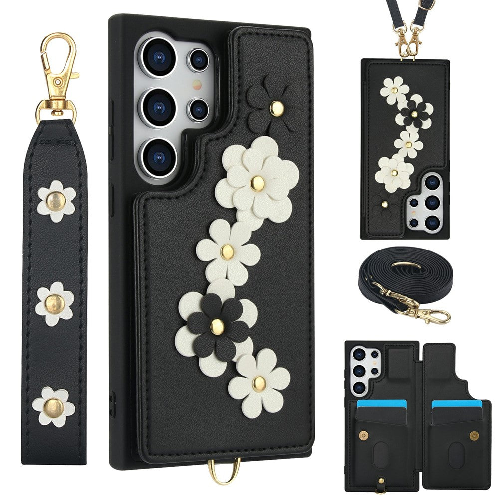 For Samsung Galaxy S26 Ultra Case Card Slots Leather Coated TPU Flower Phone Cover with 2 Straps