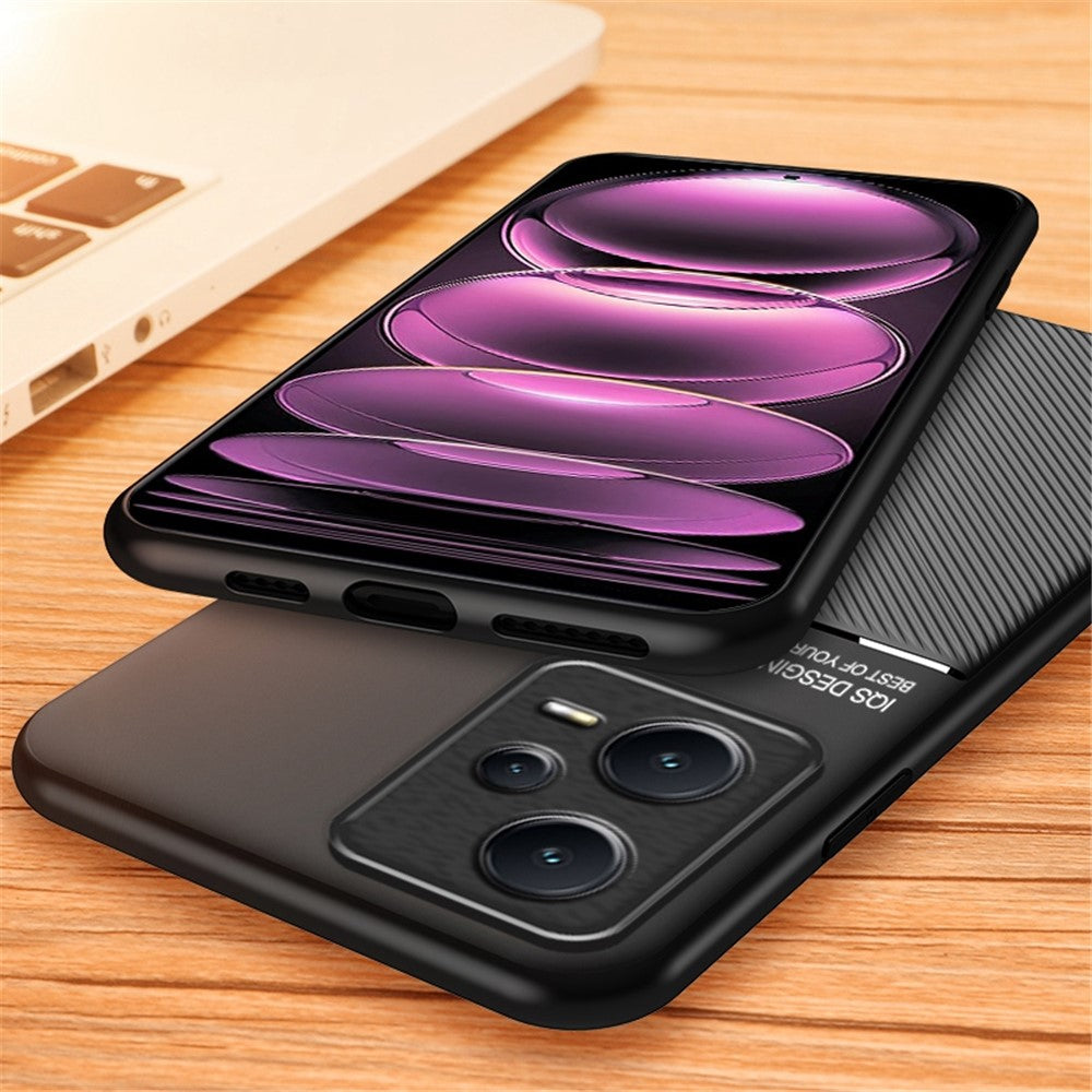 Anti-scratch Back Case for Xiaomi Redmi Note 12 Pro 5G Lines Imprinted PU Leather+TPU Hybrid Shell with Built-in Metal Sheet