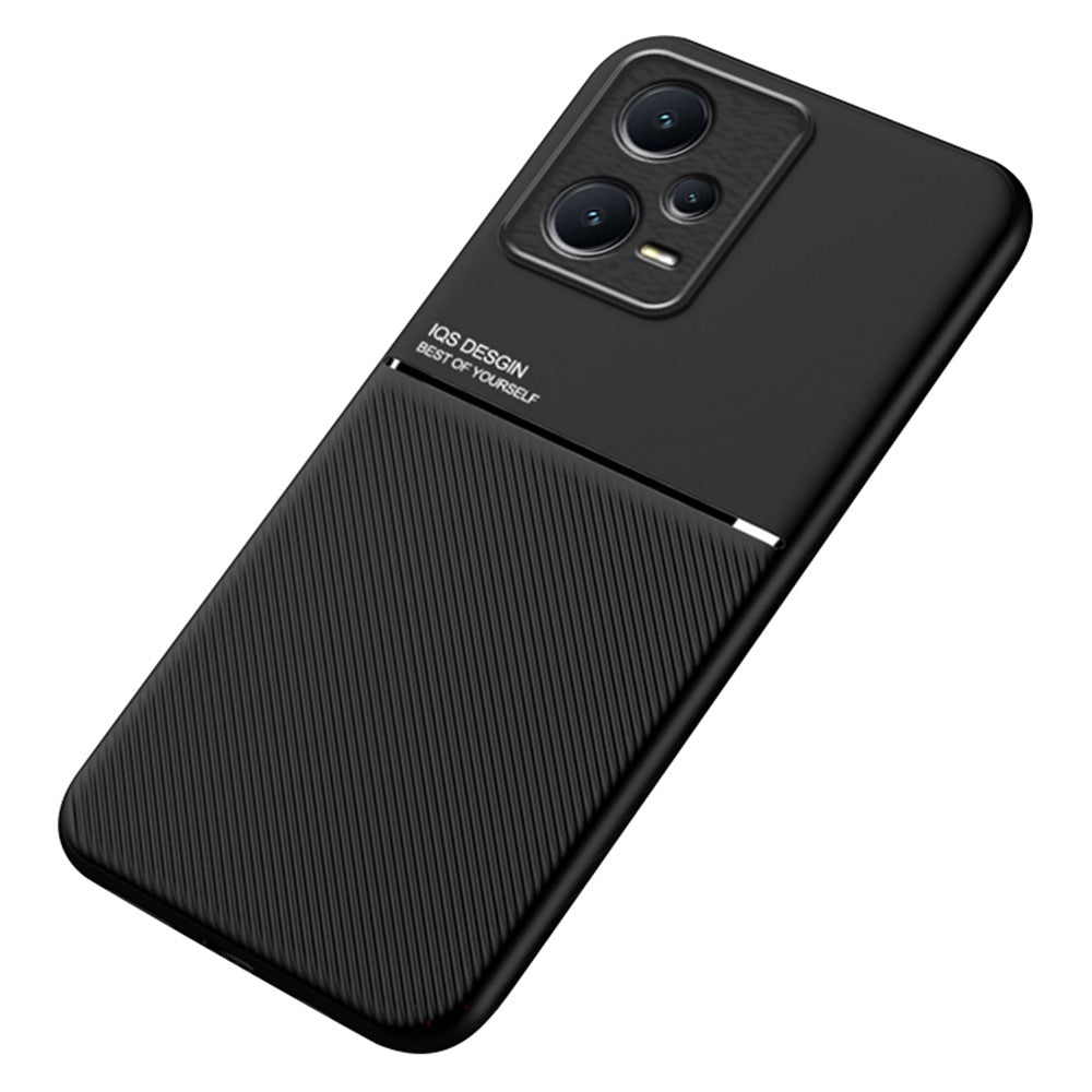 Anti-collision Back Case for Xiaomi Redmi Note 12 Pro+ 5G Lines Imprinted PU Leather+TPU Hybrid Shell with Built-in Metal Sheet