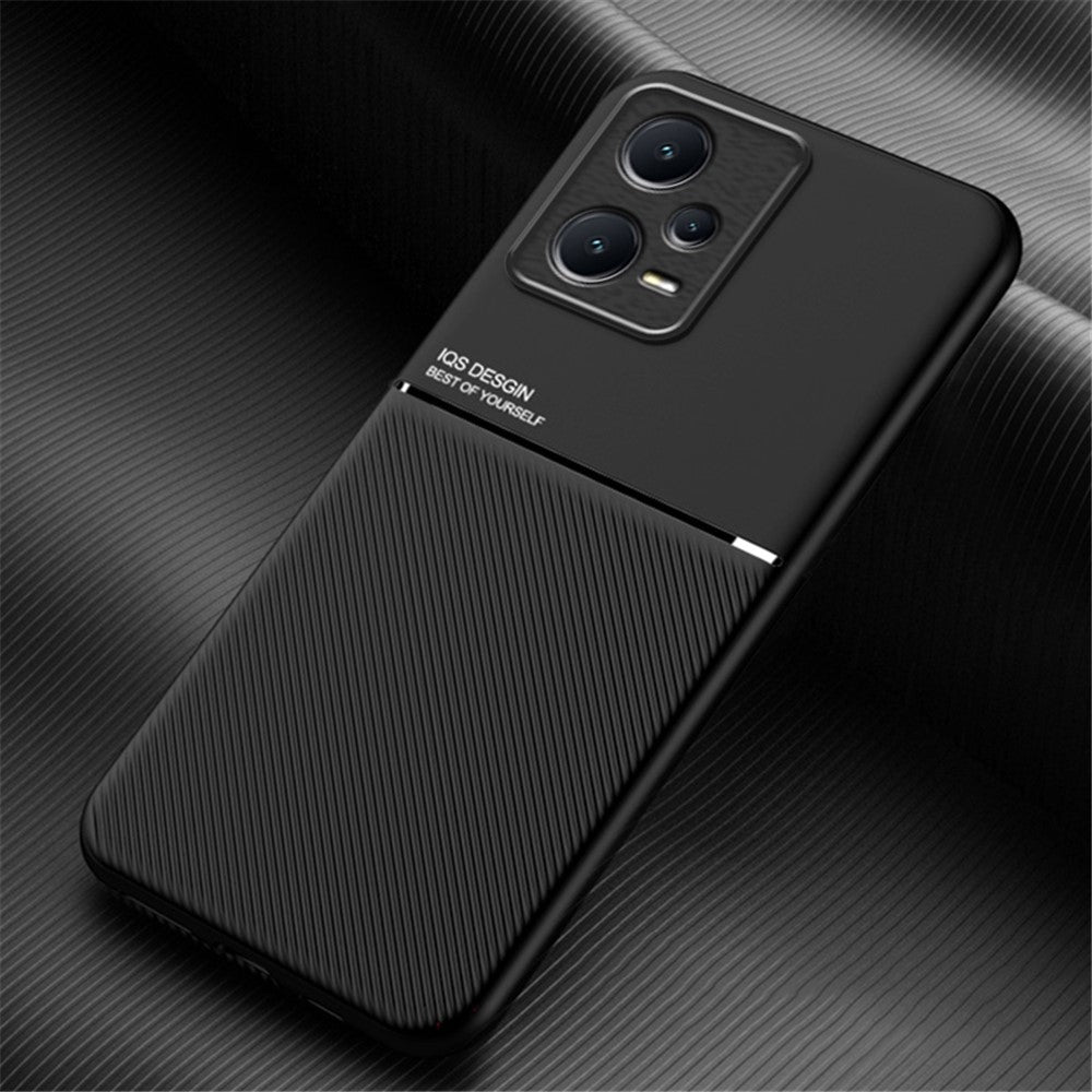 Anti-collision Back Case for Xiaomi Redmi Note 12 Pro+ 5G Lines Imprinted PU Leather+TPU Hybrid Shell with Built-in Metal Sheet