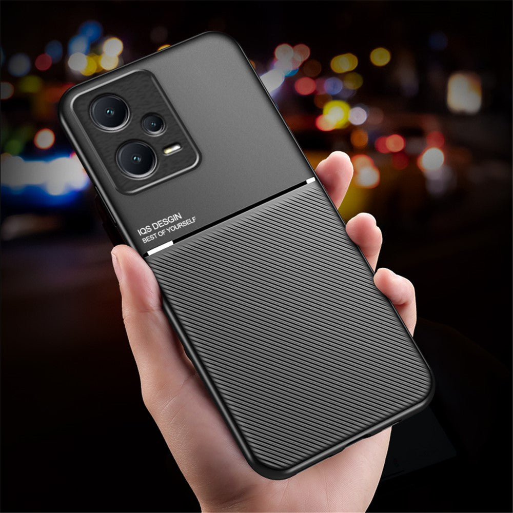 Anti-collision Back Case for Xiaomi Redmi Note 12 Pro+ 5G Lines Imprinted PU Leather+TPU Hybrid Shell with Built-in Metal Sheet