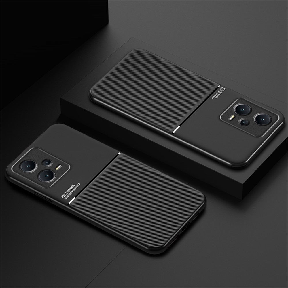 Anti-collision Back Case for Xiaomi Redmi Note 12 Pro+ 5G Lines Imprinted PU Leather+TPU Hybrid Shell with Built-in Metal Sheet