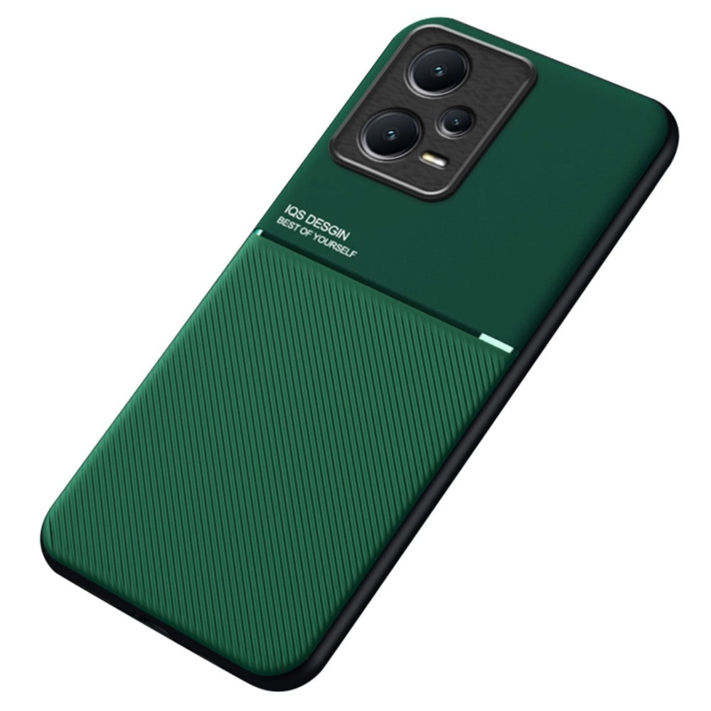Anti-collision Back Case for Xiaomi Redmi Note 12 Pro+ 5G Lines Imprinted PU Leather+TPU Hybrid Shell with Built-in Metal Sheet