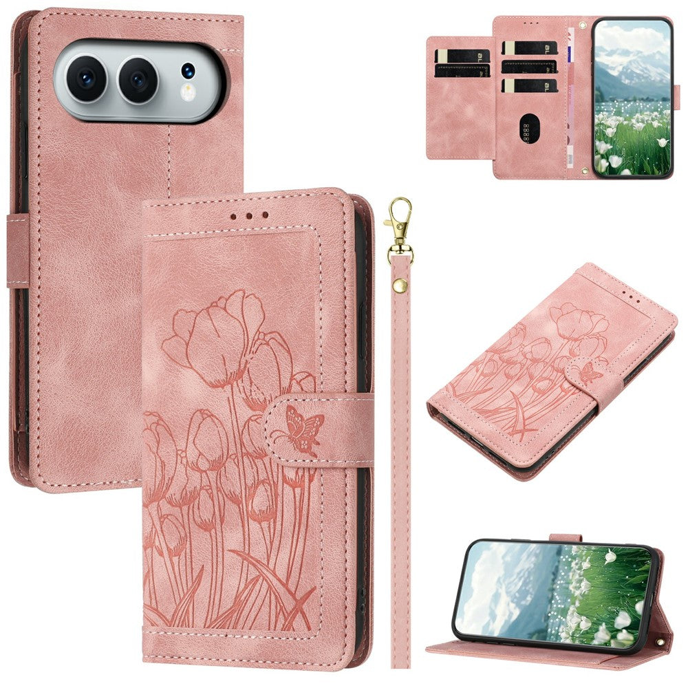 For Honor 500 5G / 500 Pro 5G Wallet Case with 5 Card Slots / Wrist Strap, Tulip Pattern Imprint Leather Phone Cover