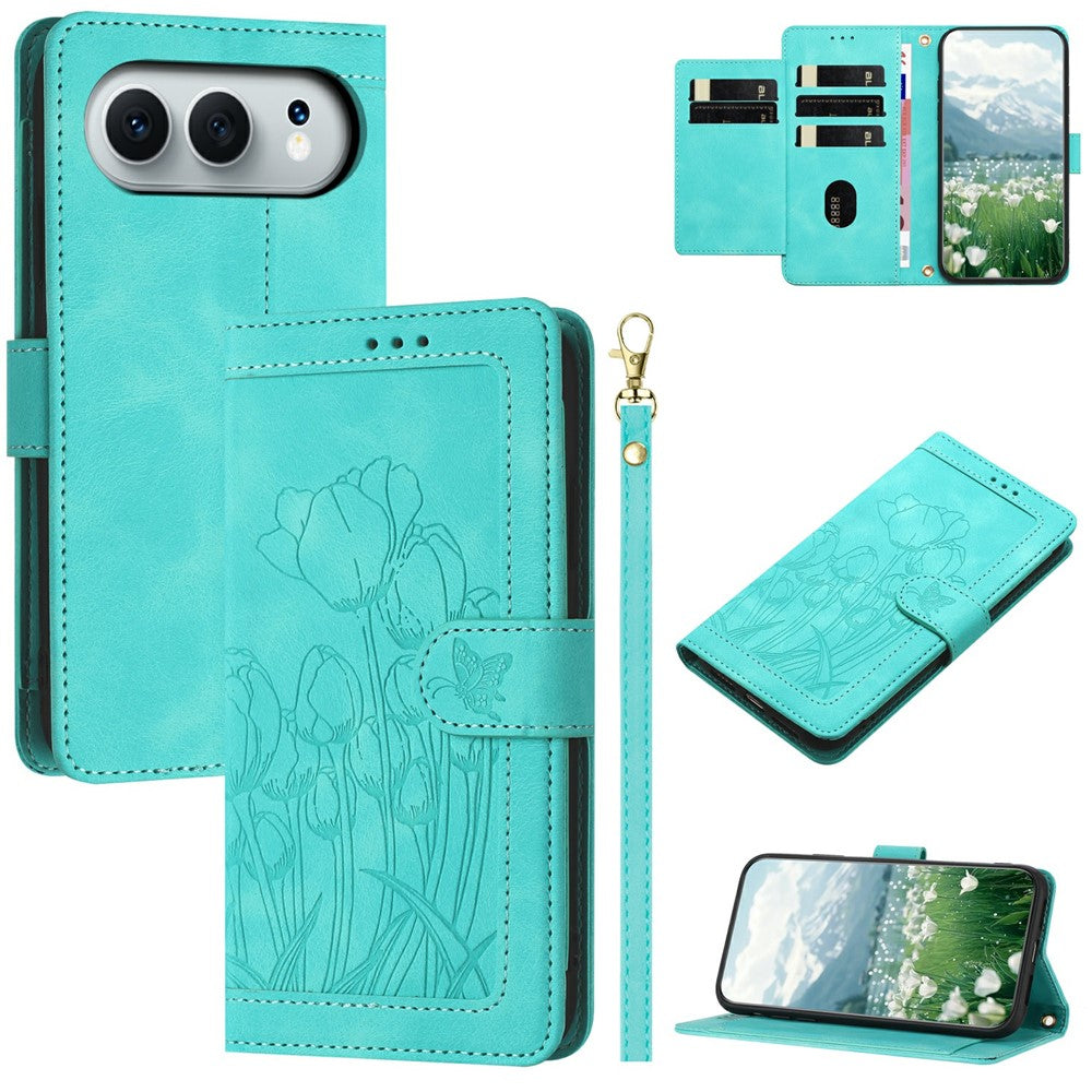 For Honor 500 5G / 500 Pro 5G Wallet Case with 5 Card Slots / Wrist Strap, Tulip Pattern Imprint Leather Phone Cover