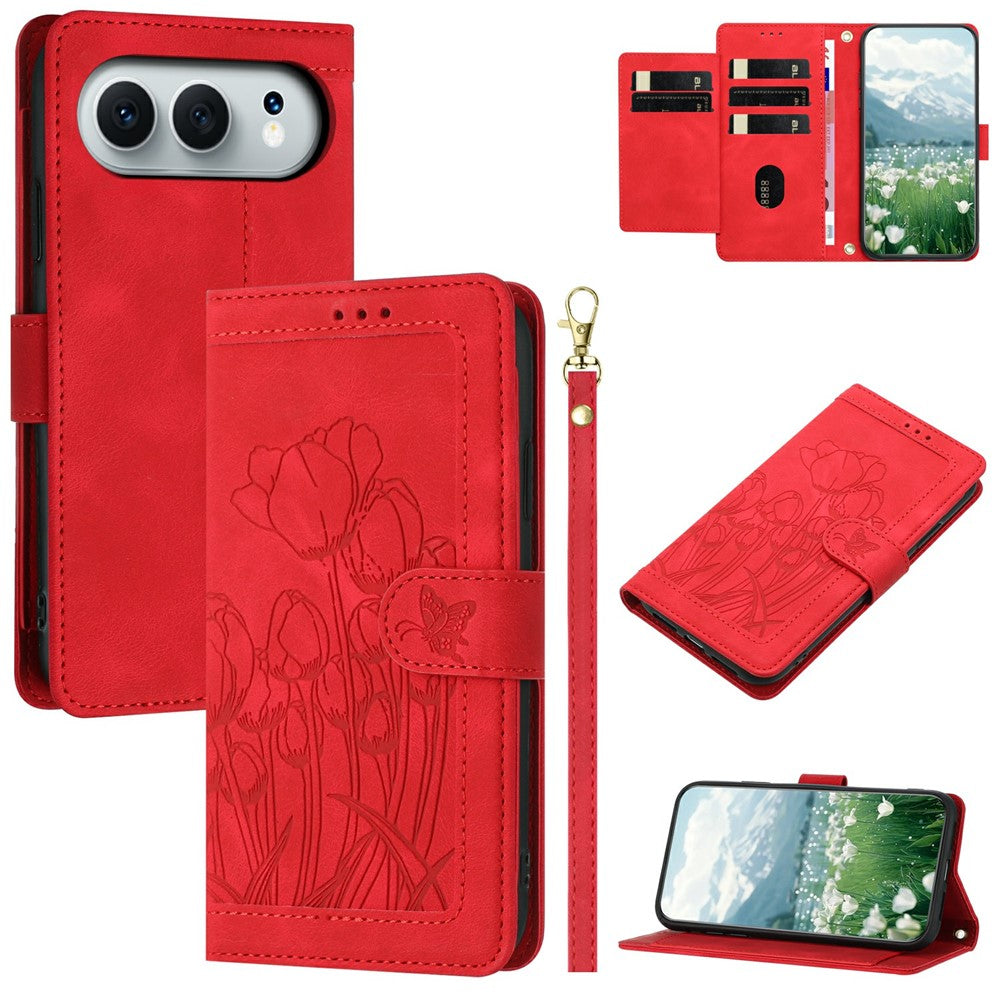 For Honor 500 5G / 500 Pro 5G Wallet Case with 5 Card Slots / Wrist Strap, Tulip Pattern Imprint Leather Phone Cover