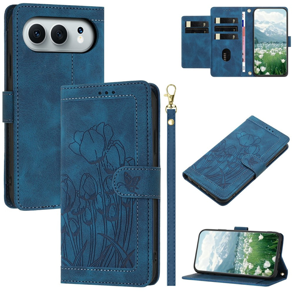 For Honor 500 5G / 500 Pro 5G Wallet Case with 5 Card Slots / Wrist Strap, Tulip Pattern Imprint Leather Phone Cover