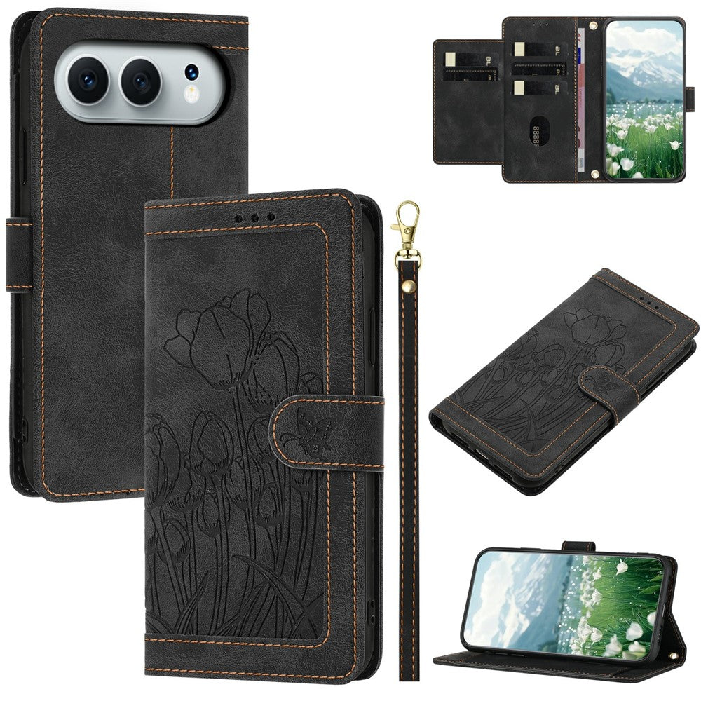 For Honor 500 5G / 500 Pro 5G Wallet Case with 5 Card Slots / Wrist Strap, Tulip Pattern Imprint Leather Phone Cover