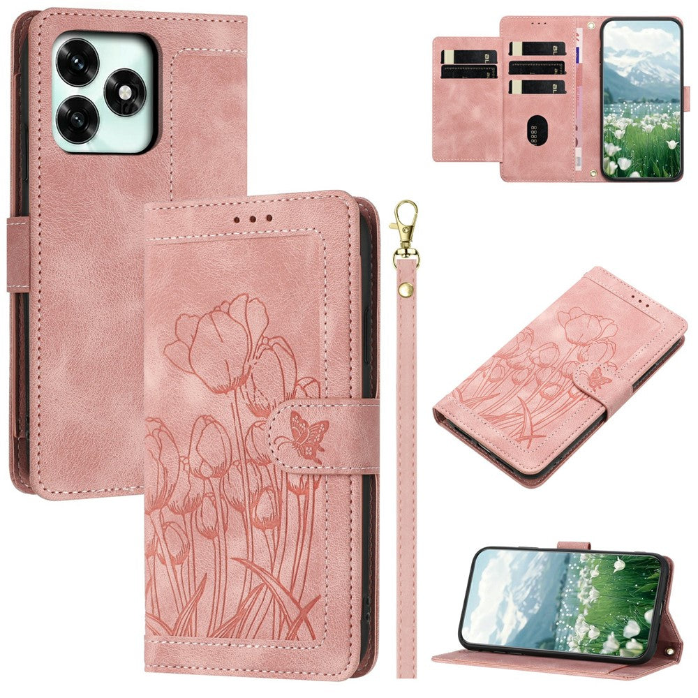 Til Honor X5c Plus 4G Pung Etui med 5 Kortlommer / Håndledsrem, Tulipaner Mønster Præget Læder Telefoncover