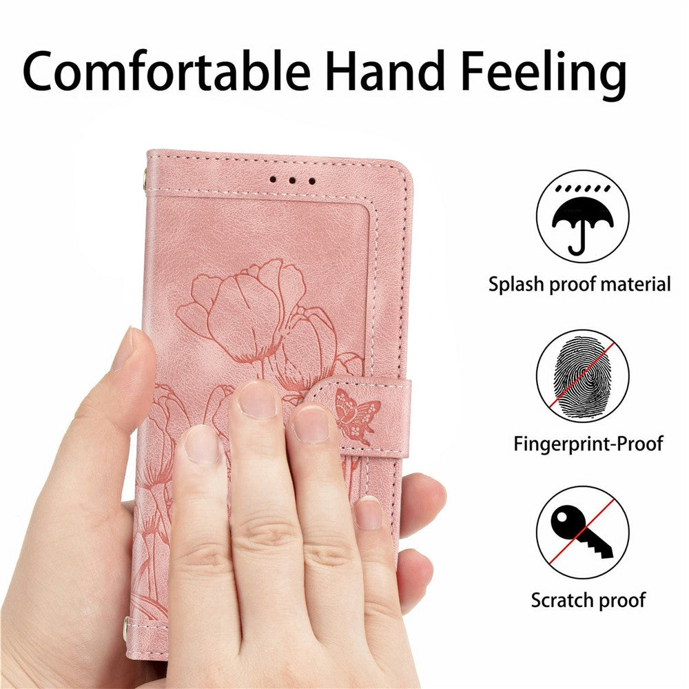 Til Honor X5c Plus 4G Pung Etui med 5 Kortlommer / Håndledsrem, Tulipaner Mønster Præget Læder Telefoncover