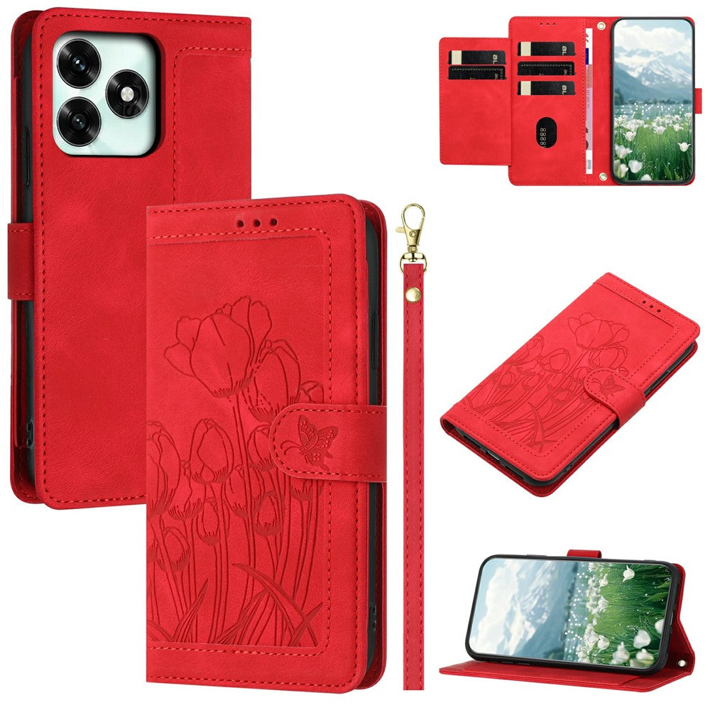 Til Honor X5c Plus 4G Pung Etui med 5 Kortlommer / Håndledsrem, Tulipaner Mønster Præget Læder Telefoncover