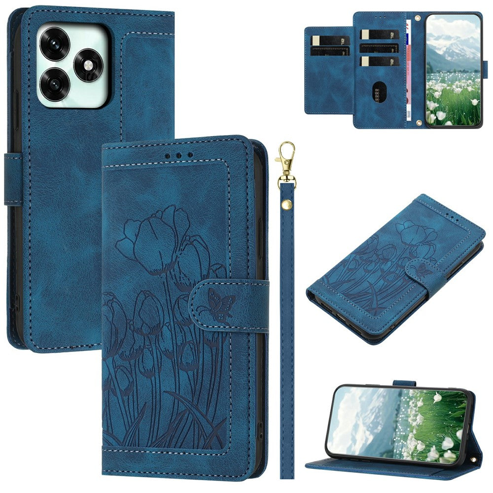 Til Honor X5c Plus 4G Pung Etui med 5 Kortlommer / Håndledsrem, Tulipaner Mønster Præget Læder Telefoncover