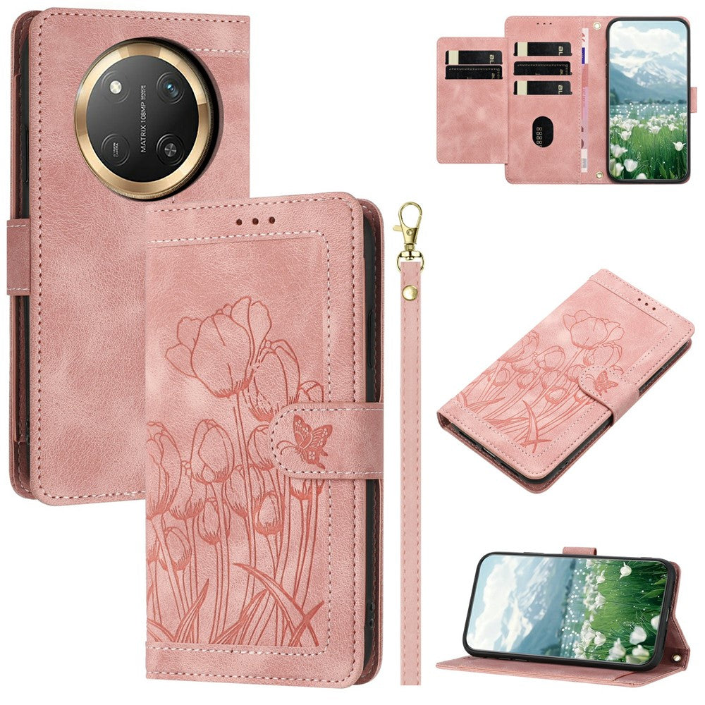 For Honor X60 Pro 5G / X9c 5G / Magic7 Lite 5G Wallet Case with 5 Card Slot / Wrist Strap, Tulip Pattern Imprint Leather Phone Cover